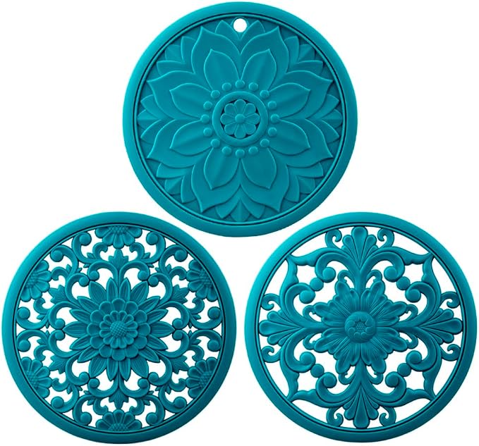 Silicone Trivets Mats for Hot Pots & Pans & Dishes, Versatile Hot Pads for Kitchen, Multipurpose Heat Resistant Mat for Kitchen Counter, Durable & Flexible Round Silicone Pot Holder Set 3 Teal