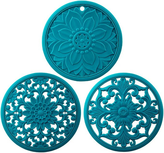 Silicone Trivets Mats for Hot Pots & Pans & Dishes, Versatile Hot Pads for Kitchen, Multipurpose Heat Resistant Mat for Kitchen Counter, Durable & Flexible Round Silicone Pot Holder Set 3 Teal