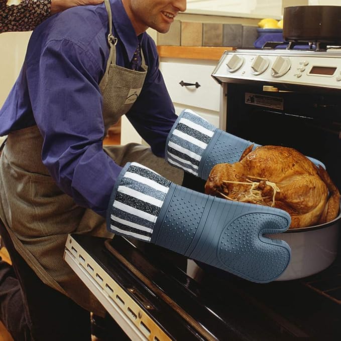 Heat Resistant 550 Degree Oven mitt, Silicone Oven Hot Mitts - 1 Pair, Extra Long Professional Baking Oven Gloves - Food Safe,Pot Holders Cooking,Grilling,Kitchen (Grey Mittens)