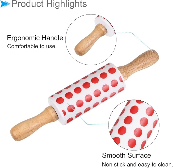 Silicone Rolling Pins, 9.25" Length, Silicone & Oak Non-Stick Ergonomic Wooden Handle Fondant Dough Roller Red White - (Applications: for Baking DIY Projects)
