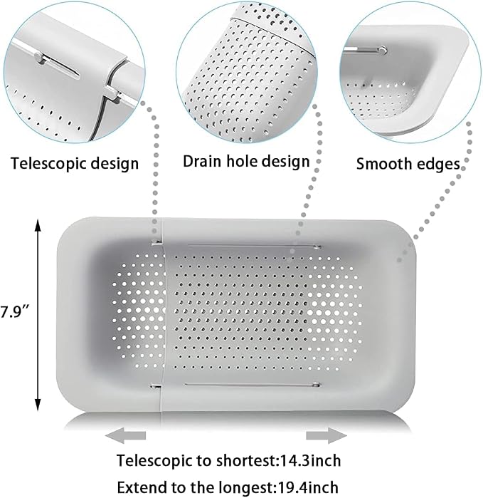 Collapsible Sink Colanders and Strainers Basket Extendable Plastic Fruit Vegetable Strainer Drainer Basket for Kitchen (Length 14.3 inch-19.4 inch) (Grey and white) 6 * 10