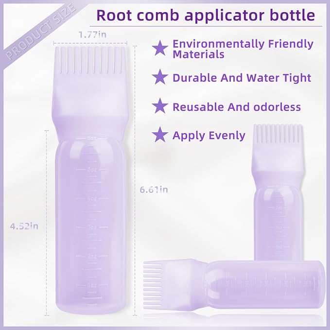Root Comb Applicator Bottle 6 Ounce, 4 Pack - Hair Oil Applicator with Root Comb Brush for Scalp Hair Oiling - Purple