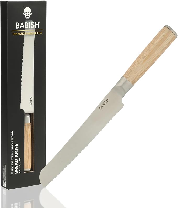 Babish 8-Inch Bread Knife – High-Carbon 1.4116 German Steel Serrated Knife with Light Pakka Wood Handle, Full-Tang Razor Sharp Kitchen Knife for Slicing Bread, Crusting & Artisan Loaves