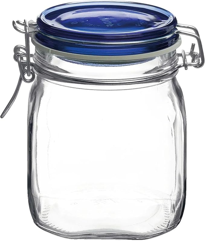 Bormioli Rocco Fido Glass Canning Jar, Airtight Storage Container with Blue Lid - 25.25 oz Clamp Lock Canister for Preserving Foods, Dry Goods & Pantry Organization - Italian Made Glass