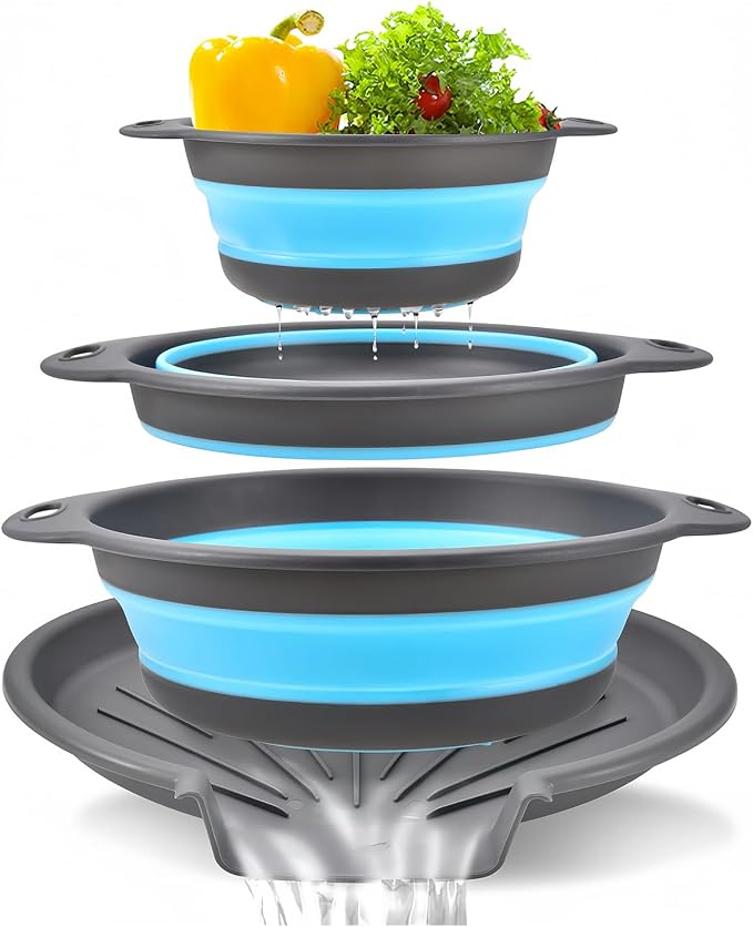 Collapsible Colanders Food Strainers, 3-Pack Foldable Kitchen Strainers with Over-Sink Water Draining Tray, Space Saving Kitchen Drainer for Vegetables, Fruit, Pasta and Rice (Blue-Gray)