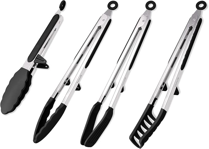 4in1 Stainless Steel Kitchen Food Tongs Set for Cooking with Silicone Tips, Toaster Steak Pie Pizza Pasta Spaghetti Noodles Salad Fruit Vegetable Grill BBQ Buffet Clamp Serving Tools Gadgets