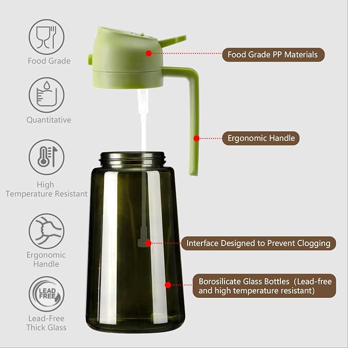SWEET VIEW 2Pcs Olive Oil Spray Bottle 16oz/470ml | Glass Light-Proof Oil Pourer/Dispenser for Kitchen Air Fryer, Cooking, Salad, and BBQ, with Stickers