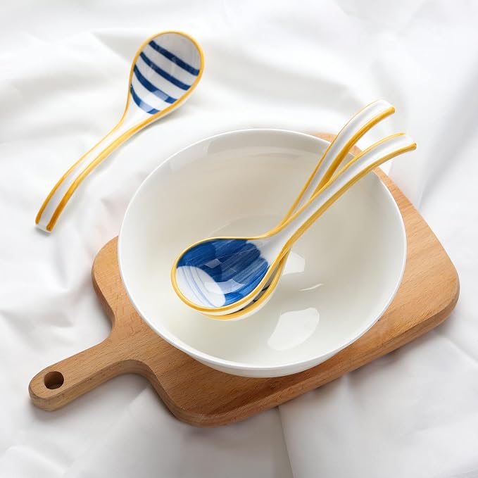 Ceramic Soup Spoons Set of 4 Porcelain Japanese Soup Spoon Long Handle Asian Soup Spoon Sets for Pho Ramen Noodles Wonton Dumpling Rice (Model 1#)