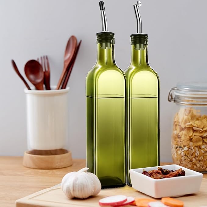 Leaflai 2 Pcs Green Glass Olive Oil Dispenser and Vinegar Dispenser Set with 2 Stainless Steel Pourers, 4 Labels, 1 Brush, 1 Funnel (500ml) for Kitchen, Cooking, Salad Dressing, Barbecue, Mixing
