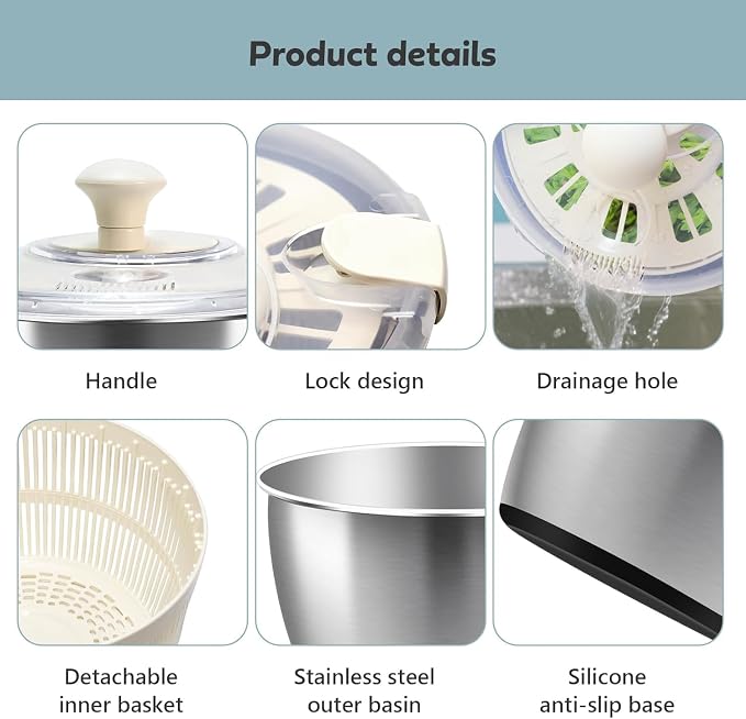5.3QT Stainless Steel Salad Spinner - Large Capacity Vegetable & Fruit Washer Cleaner, Salad Dryer with Quick Spin & Drain Outlet, Multi-Use Colander