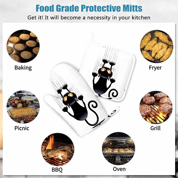 Mxocom Funny Cat Oven Mitt and Pot Holder with Silicone Black Cat Cartoon Scratching Wall Heat Resistant Kitchen for Cooking BBQ Baking Grilling Spring/Summer