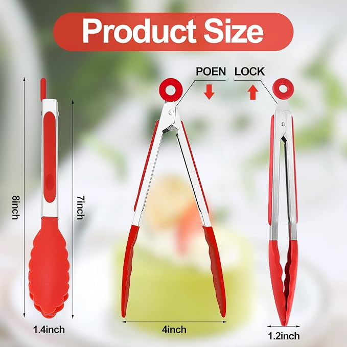 7Pack Kitchen Tongs,7 Inch Small Silicone Tongs with Stainless Steel Silicon Handles and Nylon Tips,Heat Resistant Non-Stick Cooking Tongs,Mini Locking Food Tongs for Cooking Salad Grilling