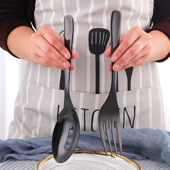 Long Handle Serving Set, 10 inch Stainless Steel Polished Serving Spoon, Fork, Slotted Spoons, Set of 3 (Black)