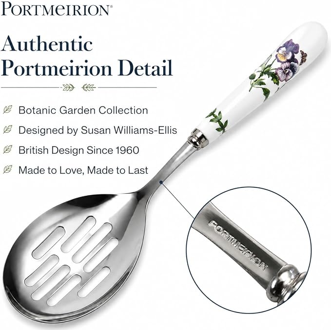 Portmeirion Botanic Garden Slotted Spoon | Slotted Spoon for Serving & Draining, Ideal for Pasta, Vegetables, & Serving, Porcelain & Stainless Steel Construction