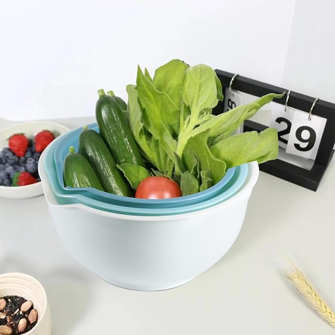 Set of 3 Mixing Bowls with Pour Spout-Nesting Design Saves Space - Non-Slip, BPA Free, Dishwasher Safe Plastic - Kitchen Cooking and Baking Supplies (Blue)