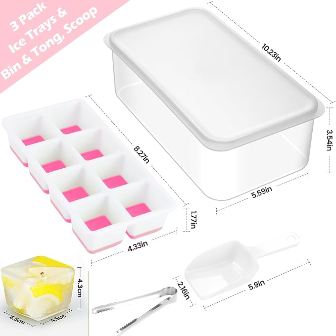 Large Ice Cube Tray with Lid and Bin, Jrisbo Silicone Big Square Ice Cube Molds for Freezer, 3 Pack Stackable Huge Cubed Ice Trays with Ice Tong, Ice Scoop for Whiskey Cocktails Soups Frozen Treats