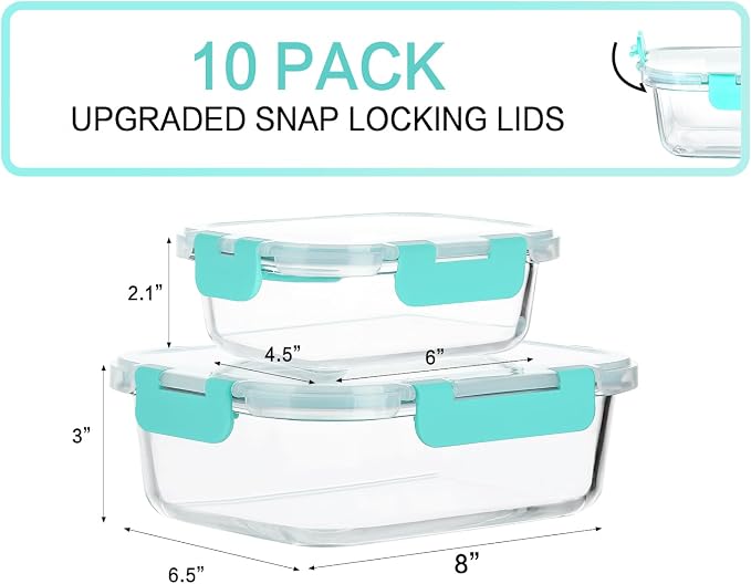 M MCIRCO 10 Pack Glass Food Storage Containers with Lids, Green | Glass Meal Prep Containers,Airtight Lunch Containers with Lids, Microwave, Oven, Freezer and Dishwasher Friendly, BPA Free
