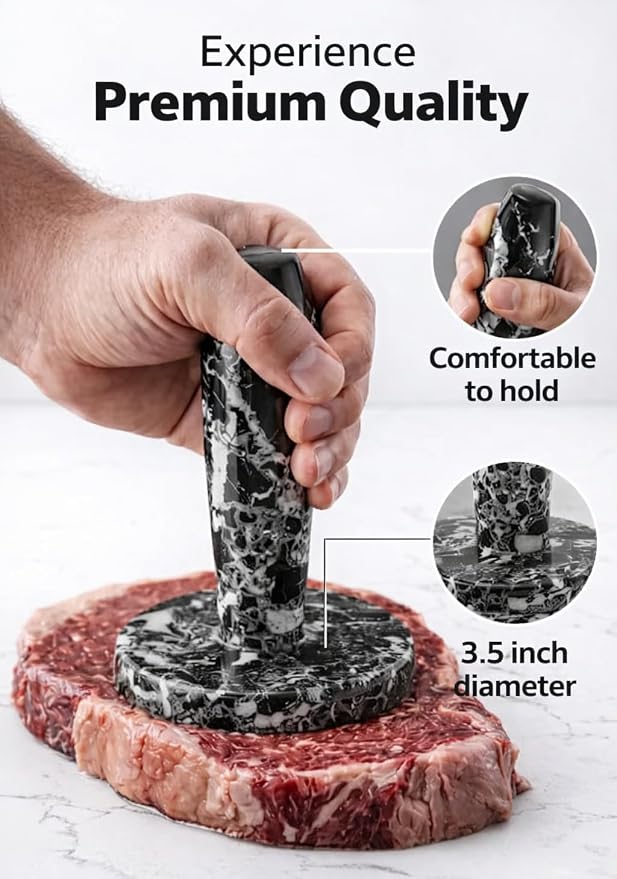 Marble Meat Pounder Tenderizer 5" Inches Black Handmade Round Chicken Flattener Tool - Works Great As A Smash Burger Press - Meat Flattener for Steak, Chicken, Pork