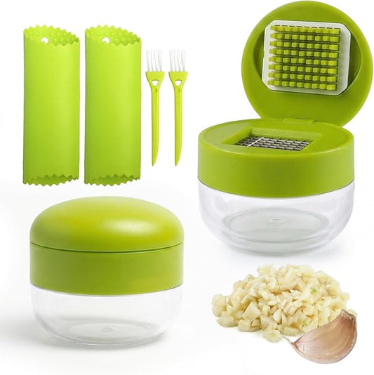2-Pack 3-in-1 Garlic Press Set, Stainless Steel Garlic Mincer with Garlic Peeler & Cleaning Brush, Garlic Crusher Tool with Storage Container for Kitchen Cooking (Green)