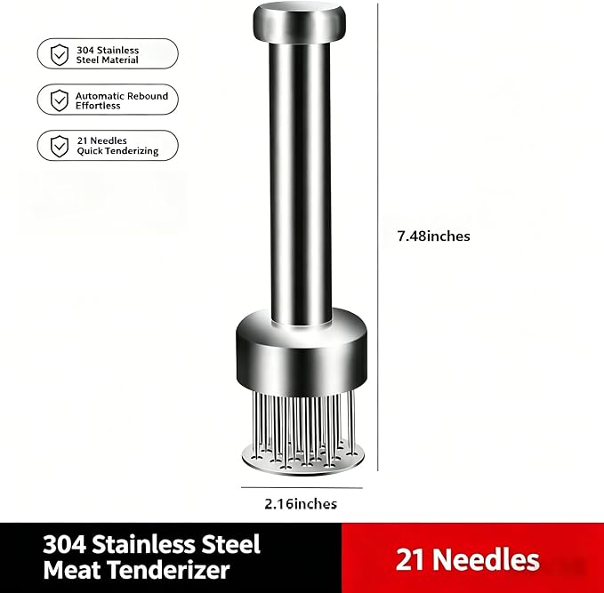 Meat Tenderizer Tool, 21 Sharp Needles Auto-Rebound Meat Tenderizer, Premium 304 Stainless Steel Steak Tenderizer with Comfort Grip Handle, Dishwasher Safe for Beef, Chicken, Turkey, Pork & Salmon