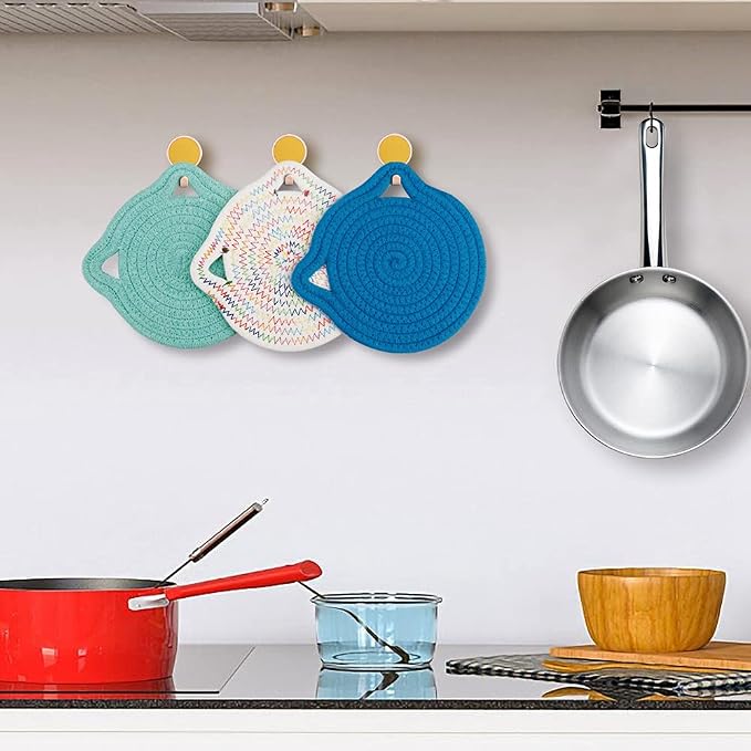 7" Pure Cotton Trivets Set with 0.35" Thick (3 Pcs, Blue) | Tightly Woven, Machine Washable, Heat Resistant, Cute Cat Kitchen Accessories for Hot Dishes Pots Pans, Decor, Gift