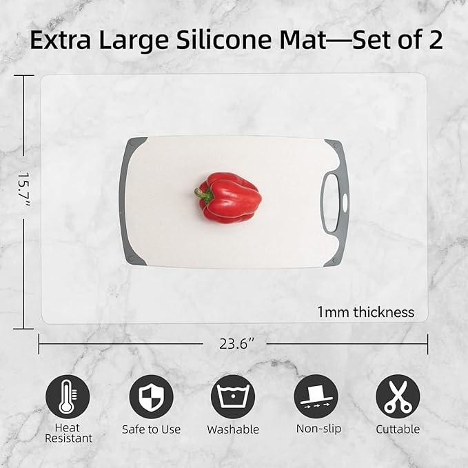 2 Pack Silicone Mats for Kitchen Counter, Treerit 23.62" x 15.75" Thick Large Silicone Mat, Nonskid Heat Resistant Countertop Protector, Easy to Clean, White Translucent