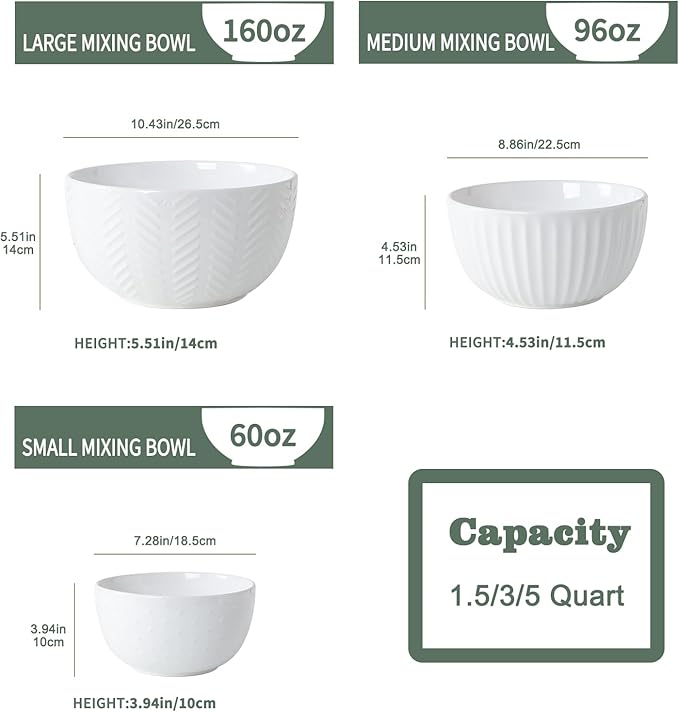 HAPPY KIT Ceramic Mixing Bowls Set, 5/3/1.5qt Set of 3 | For Kitchen, Large 5/3/1.5 Quart, Prep Serving Bowl for Baking and Mixing Salad, Oven, Microwave and Dishwasher Safe