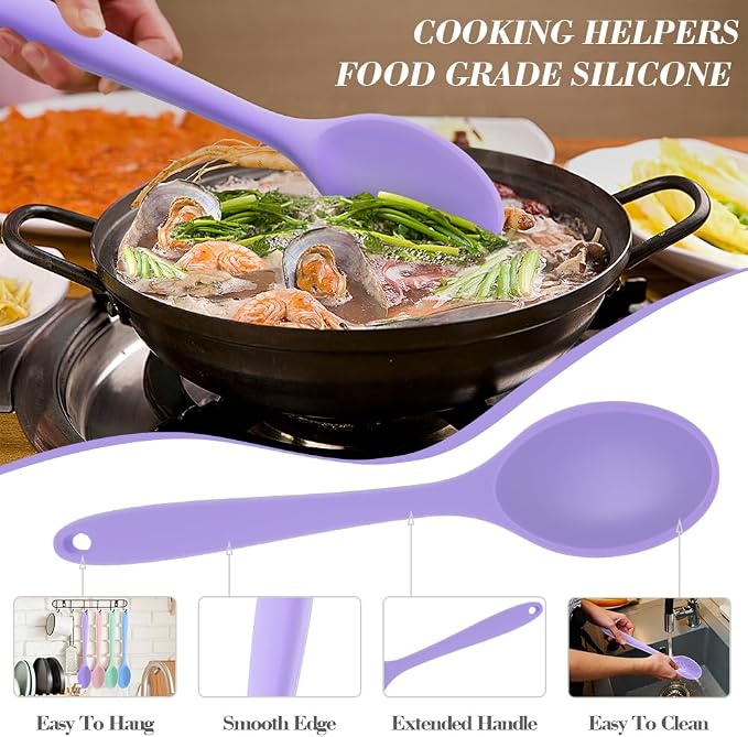 Silicone Spoons for Cooking,4 Pcs Large Serving Spoon Heat Resistant Cooking Spoon Utensils Nonstick Mixing Kitchen Spoons for Baking Serving Mixing and Stirring Dishwasher Safe,Pink,Gray,Blue, Purple