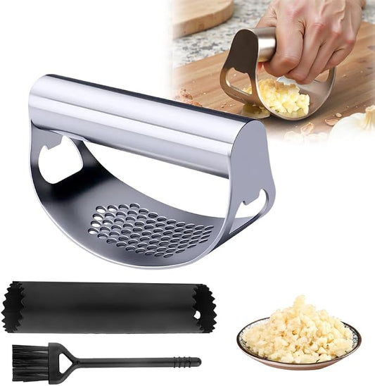 Garlic Press Rocker, 2025 NEW Stainless Steel Garlic Mincer Garlic Crusher with Peeler, Easy Clean Operate, for Home Cooks Chefs, Ideal for Food Mincing in Daily Meals Restaurants ﻿ (White 1PCS)