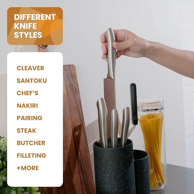 Stilaris Universal Knife Block & Utensil Holder - Dual Slotless Bristle Stand for Chef Knives, Scissors & Spatulas - Weighted Non-Slip Base, Modern Speckled Design, Easy Clean Removable Insert