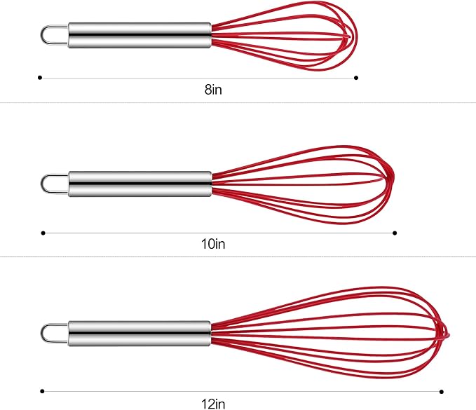 Silicone Whisk, Sturdy Color Balloon Line Whisk Set of 3 Pieces, Upgraded Kitchen Mixer, Stainless Steel Handle, Chef's Best Kitchen Tools for Cooking, Stirring, Mixing, Battering, Stirring