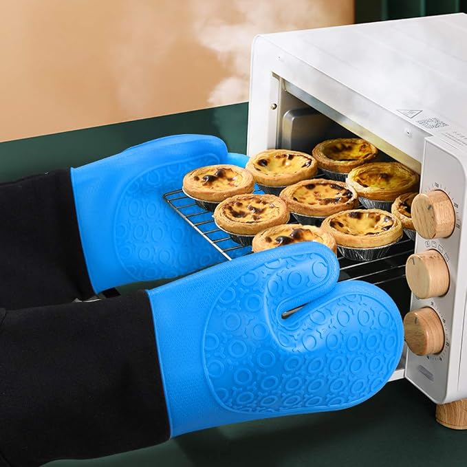 sungwoo Extra Long Silicone Oven Mitts, Heat Resistant Oven Gloves with Quilted Liner Non-Slip Textured Grip Perfect for BBQ, Baking, Cooking and Grilling - 1 Pair 14.6 Inch Blue & Black
