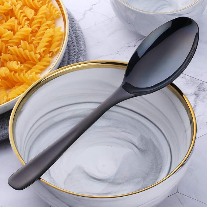 Buffet Serving Spoons, Stainless Steel 10 Inch Black Plated Server Set of 2, Large Salad Serverware Utensils, Dishwasher Safe