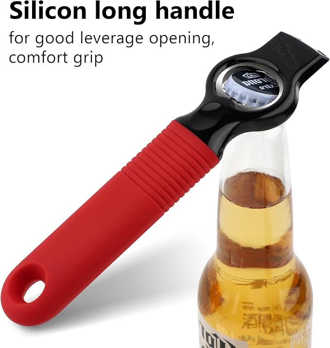 2-Pack Magnetic 2-in-1 Beer Bottle Cap & Soda Can Opener-Red | Soft Silicone Handle with Built-in Magnet Sticks to Fridges / Easy Can Tab Opener for Bartenders, Seniors, and Long nails