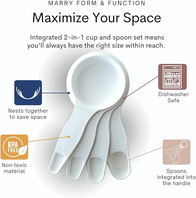 Storage Theory 2-in-1 Measuring Cups & Spoons Set (4-Piece) - Nesting Space-Saving Kitchen Gadget - BPA-Free Food Grade Plastic - Dishwasher Safe for Baking, Cooking, Coffee - White