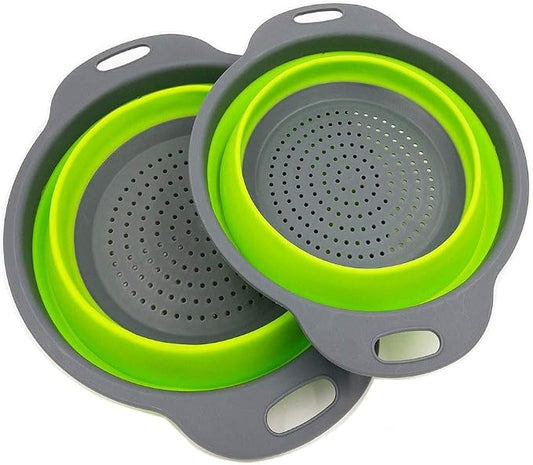 2 Collapsible Colander Mixing Bowl Strainer and Colander Set Silicone Colander Bowls Use for Draining Fruits Vegetables and Pastas by Bellagione (Green)
