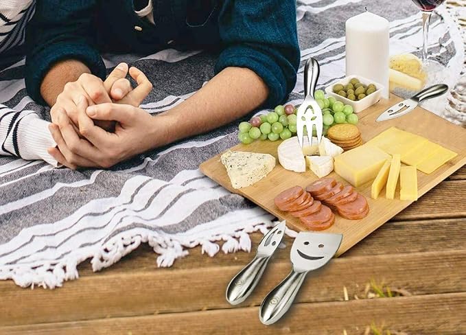 Stainless Steel 4 Pieces Smiling Faces Cheese Knife Set: Hard and Soft Cheese Knives, Serving Fork & Cheese Spreader