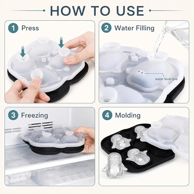 Penguin Ice Cube Tray Mold - Cute Fun Whiskey Ice Molds Gifts for Women Men | 3D Penguin Shape Cute Ice Molds for Whiskey Bourbon, 4-Hole Large Fun Shapes Funny Gifts, for Animals Lovers Women Men