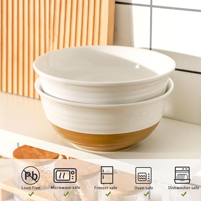 HASENSE Large Ceramic Serving Bowls Set of 2, 60 Oz 8.5 Inch White & Terracotta Stoneware Bowls, Farmhouse Bowls for Salad, Soup & Pasta, Dishwasher & Microwave Safe, Christmas Entertaining Dishes