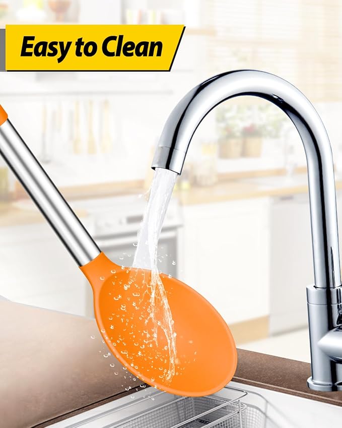 Pack of 2 Large Silicone Cooking Spoons,Non Stick Solid Basting Spoon,Heat-Resistant Kitchen Utensils for Mixing,Serving,Draining,Stirring (ORANGE)