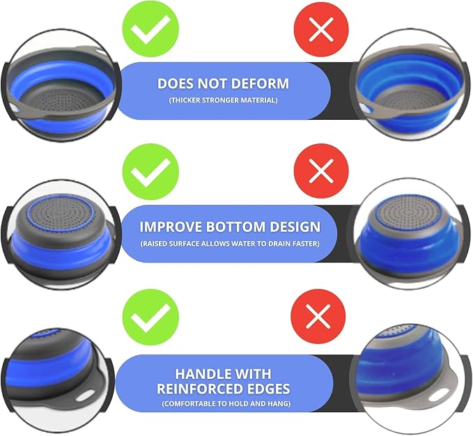 Blue Round Silicone Collapsible Colander – Silicone Round Kitchen Strainers with Plastic Handles Foldable Small Kitchen Strainer Perfect for Draining Pasta Vegetable and Fruit