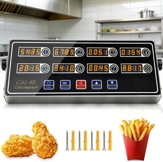 8-Channel Digital Kitchen Timer, Commercial Stainless Steel with Large LCD, Loud Alarm, 99H Memory, Waterproof Timer for Restaurant, Baking, Home
