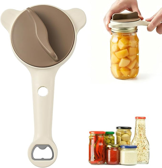 4-In-1 Jar Opener for Weak Hands & Seniors, Adjustable Lid Opener with Non-Slip Grip, Stainless Steel Jar Lid Opener, for Jars, Bottles & Cans (Brown)