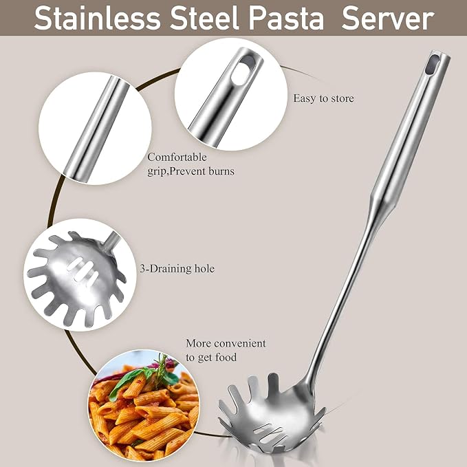 3 Pieces Spaghetti Spoon and Pasta Tong, Stainless Steel Comb Shaped Tongs, Noodles Pasta Clip Kitchen Cooking Tool