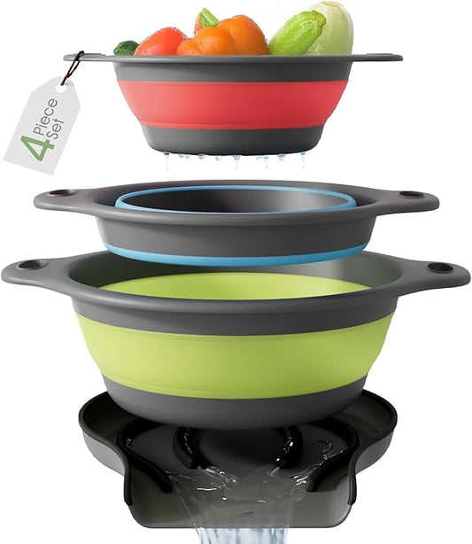 Gevoli Collapsible Colanders with Self-Draining Base for Edge of Sink, Food Strainers (Small/Med/Large), Nested Design for Easy Storage (Red, Blue, Green) (4PC Set)