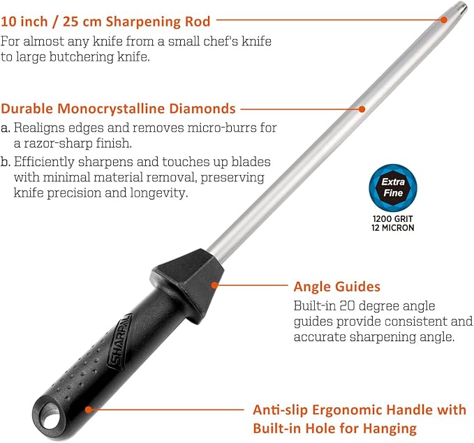 SHARPAL 119N Diamond Sharpening Steel Professional Knife Sharpener | Solid Honing Rod Built-In Angle Guides, Sharpens & Realigns Edges, Polishes Edges, For Chef & Kitchen Knives