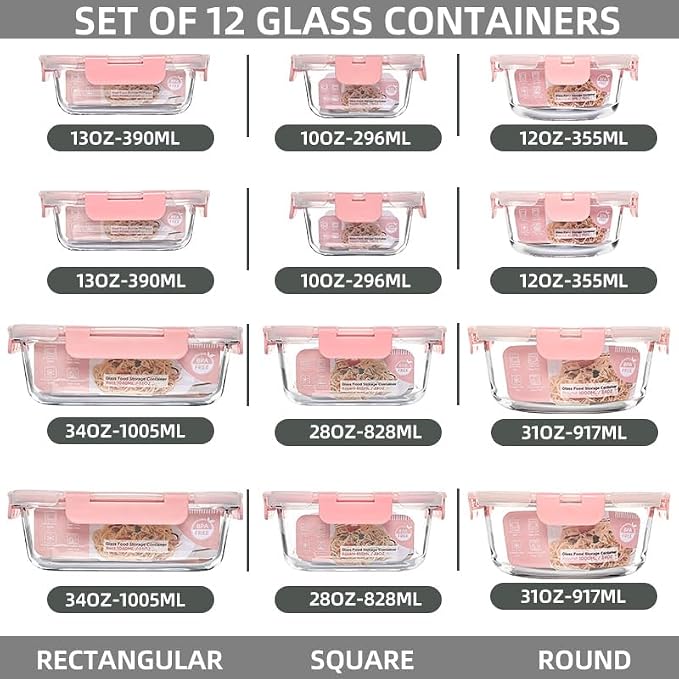 12 Pack Glass Storage Containers Transparent, Stackable Design Meal Prep Containers for Food Storage, Home, Kitchen & Pantry Organization, Microwave/Freezer/Dishwasher Safe
