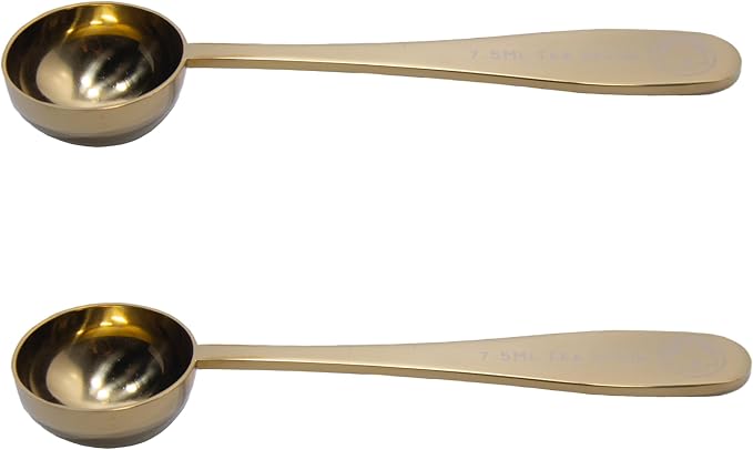 Honey Bear Kitchen 7.5 ml '1 perfect tea spoon' Measuring Scoop Spoons, Gold Polished Stainless Steel, Set of 2
