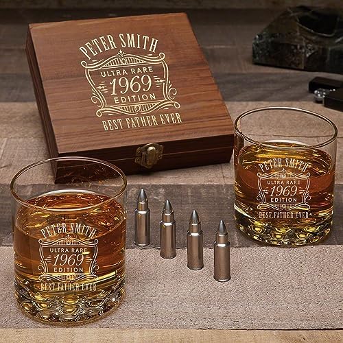 Bullet Whiskey Chilling Stones Gift Set - Whiskey Glasses and Wooden Box (Oakmont - Bullet Stones)