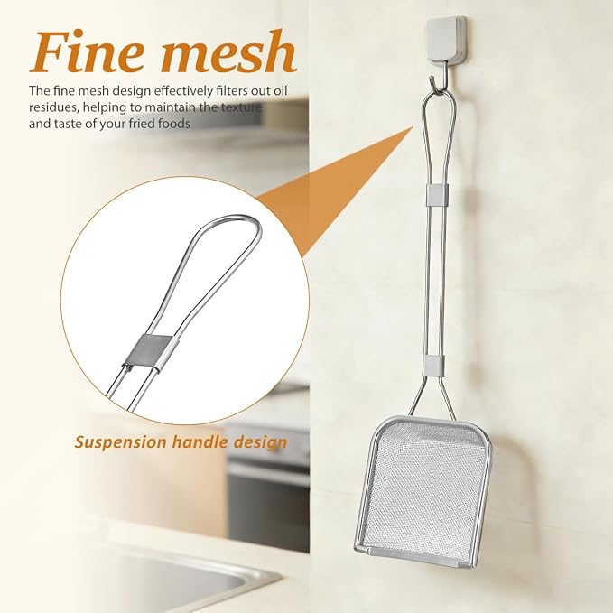 Stainless Steel Skimmer Spoon 16.92In Fine Mesh Oil Skimmer Ladle for Cooking Frying Hot Pot Fat Strainer Kitchen Utensil with Hanging Hole